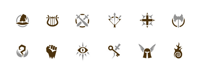 A set of twelve fantasy icons includes musical, battle, and mystical symbols in brown and gray.