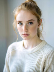 Fototapeta premium A woman with blonde hair and blue eyes is wearing a white sweater. She has a serious expression on her face
