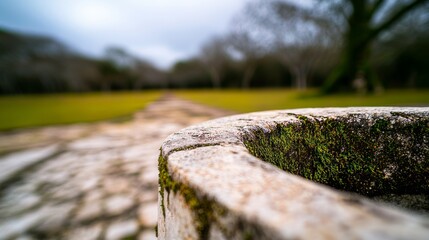 Mossy Stone Pathway Detail in Tranquil Landscape Nature Scene Outdoor Environment Close-Up Viewpoint Natural Beauty