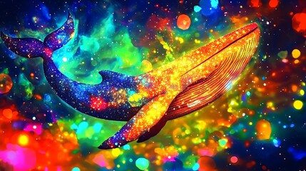 Fototapeta premium Cosmic Whale: A vibrant, colorful artwork depicting a whale swimming in a nebula-like galaxy. A mesmerizing blend of art and cosmic wonder.