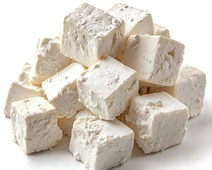 Stack of white cheese cubes displayed against a clean white background