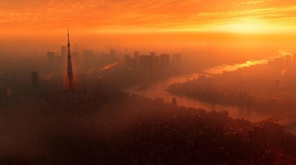 Obraz premium Tokyo sunrise, hazy cityscape, tower, river, fog, aerial view, travel, poster