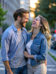 Obraz premium A man and woman are smiling and laughing together on a city street. The man is wearing a blue shirt and jeans, while the woman is wearing a blue jacket. They are both holding hands