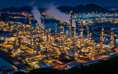 Fototapeta premium A vibrant night view of a bustling industrial complex, featuring illuminated factories and smokestacks against a backdrop of mountains and city lights.