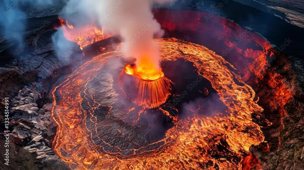 Wall mural volcano eruption from a bird view. volcano crater and magma flow shot from above