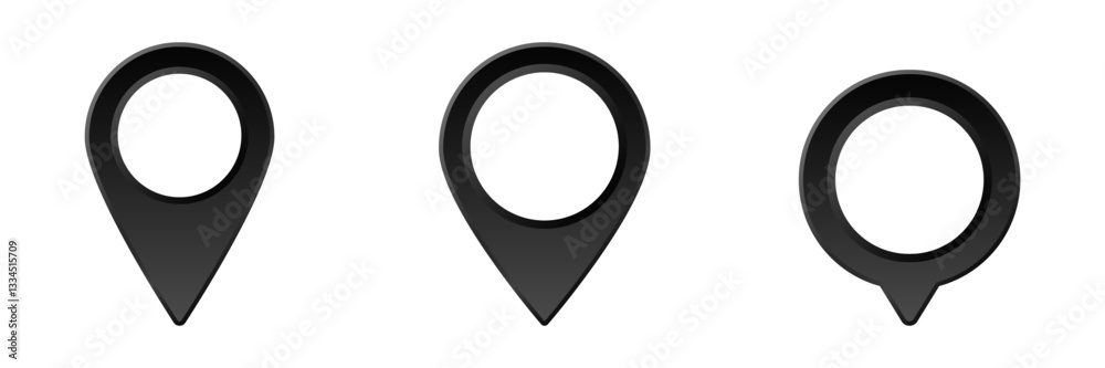 Poster three black location pins displayed in various forms to use in map interfaces and design ideas.
