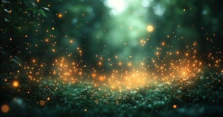 Teal Emerald Bokeh Effect with Glowing Particles and Shimmering Water Bubbles on Dark Abstract Background