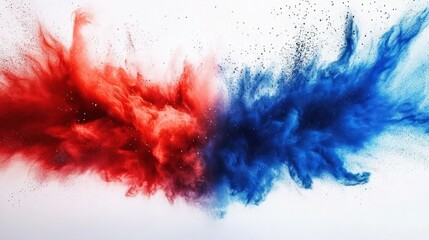 Dynamic Red and Blue Powder Burst Abstract Art on White Background
