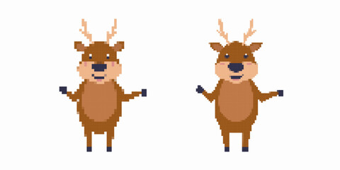 Pixel reindeer standing, each with antlers. both appear in animated style, showcasing cute expressions.