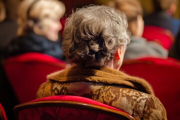 Obraz premium Contemplative senior woman with elegant grey curls attends a cultural event in a traditional theater, immersed in the ambiance and awaiting the performance with anticipation