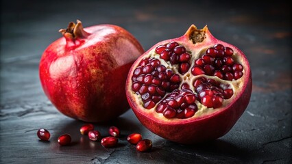 Lush Red Pomegranate Seeds: Detailed Close-Up Halved Pomegranate, Culinary & Visual Inspiration Stock Photo