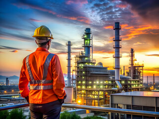 oil refinery at sunset