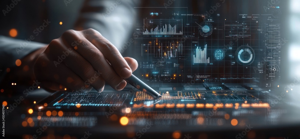 Poster future digital workspace with holographic interfaces and data analytics for business intelligence an