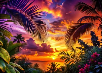 Obraz premium Lush Vivid Colors Silhouette Photography: Tropical Leaves & Flowers at Sunset