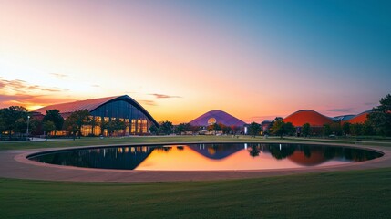 Vibrant Sunset Campus  Modern Architecture  Tranquil Pond  Lush Lawns