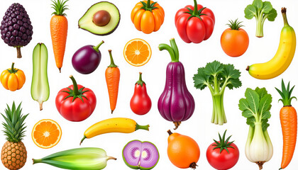 Colorful cartoon fruit and vegetable clipart, playful kitchen decor