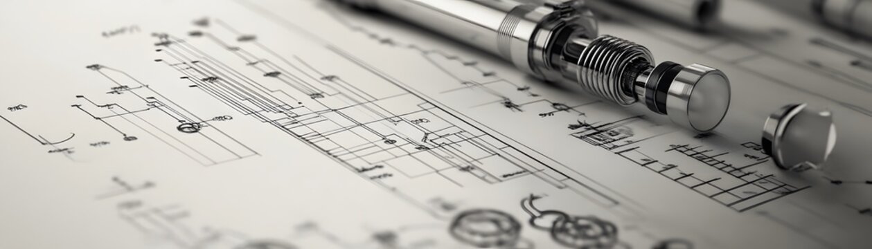 Close-up of drafting tools on technical blueprints, highlighting precision in engineering design and the importance of detail in industrial projects and architectural planning.