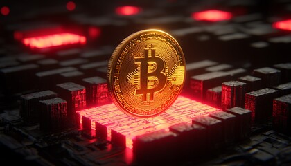 Golden Bitcoin cryptocurrency symbol resting on a digital circuit board