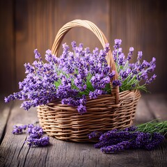 Rustic Lavender Flowers in Wicker Basket Wooden Background
