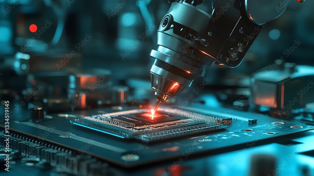 Poster close-up view of a robotic arm working on a microprocessor, showcasing advanced engineering and prec