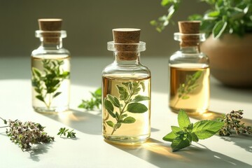 Herbal Essential Oil Bottles with Fresh Leaves and Aromatic Herbs
