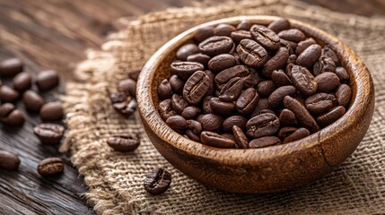 Fototapeta premium Wooden bowl filled with roasted coffee beans