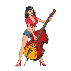 Rockabilly girl musician playing the double bass or contrabass isolated on the white background. Hand drawn retro pinup style vector illustration