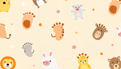 Playful animal footprints scattered on soft background, kids' decor