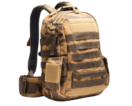 Tactical military backpack with MOLLE straps, durable design, and camouflage pattern. Ideal for outdoor activities, camping, and military use