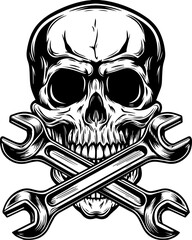 Fototapeta premium Skull mechanic with skull tools in SVG and vector format. Skull and Wrenches Crossbones Design for Edgy Apparel and Art
