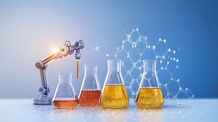 Automated lab process with chemical solutions in beakers.