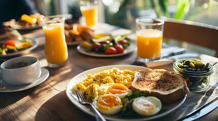 Family breakfast with multiple plates of scrambled eggs, toast, and orange juice.