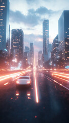 Obraz premium A futuristic cityscape with a neon-lit highway, where glowing streaks of light from fast-moving vehicles create a sense of motion.