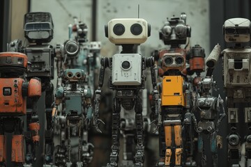 Fototapeta premium Innovative Humanoid and Mechanical Robots Displayed in Varying Stages of Assembly in a Workshop Environment
