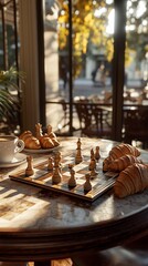 Fototapeta premium Chess game on cafe table, croissants, coffee, sunny day, outdoor view background