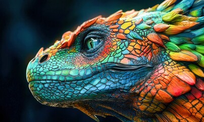 Obraz premium A brilliantly colored lizard displays a vibrant array of scales in a stunning close-up shot.