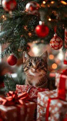 Obraz premium Curious tabby cat sitting amongst Christmas presents with festive ornaments and holiday lights in the background showing warm cheer