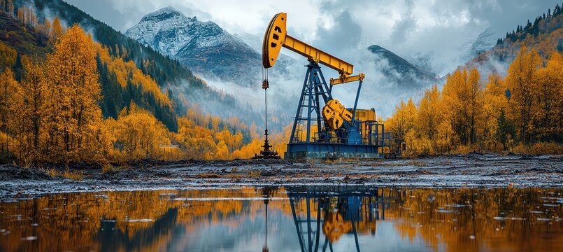 Industrial landscape pumpjack and rig amidst muddy extractive site