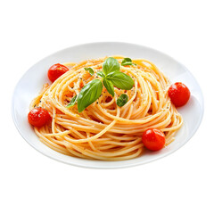 The image presents a plate of spaghetti with tomatoes and basil on a white plate.