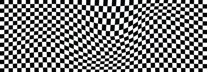 Black and white checkerboard mess pattern background.  groovy wave psychedelic checkerboard background. Distorted geometric pattern. Abstract monochrome vector backdrop. Vector illustrator