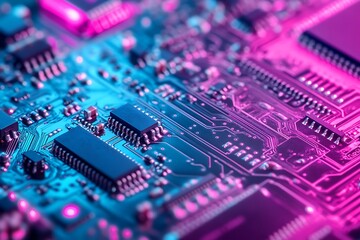 Close-up of a Circuit Board with Neon Lighting