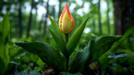 Vibrant Tulip Blossom in Lush Green Forest  Spring Nature Photography