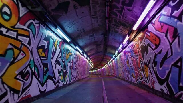 Colorful graffiti transforming concrete tunnel interior, revealing vibrant urban art culture through illuminating neon design and creative expression