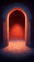 Majestic Illuminated Stone Archway Entrance Enchanting Castle Digital Art Mystical Ambiance Low Angle Captivating Journey