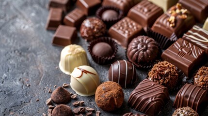 Decadent assortment of delicious chocolate candies, truffles, and pralines on a textured background for a tempting and gourmet indulgence