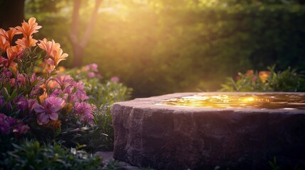 Serene Garden Fountain  Sunset Blooms  Tranquil Water