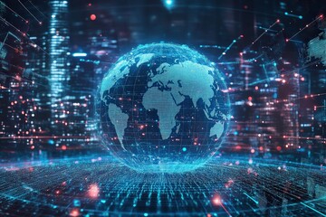 Obraz premium Holographic Projection Showcasing Global Internet Connectivity in a Futuristic Digital Landscape