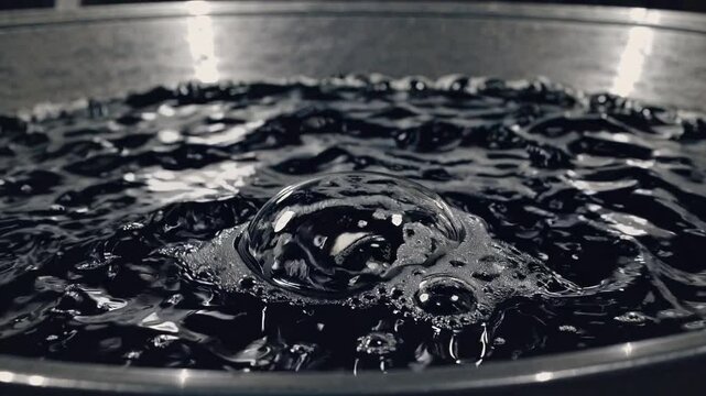 Dark liquid surging with bubbling dynamics, generating substantial surface tension and creating expansive wave patterns characteristic of petroleum based substances