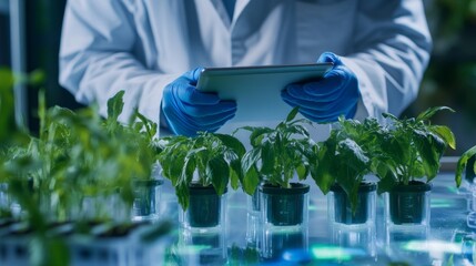 Surrounded by lush basil plants in a well-lit greenhouse, a researcher wearing gloves reviews growth data on a tablet, reflecting a commitment to agricultural innovation and sustainability