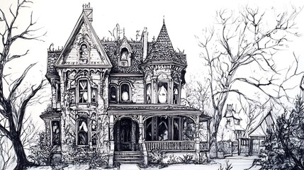 Detailed penandink drawing of Victorian mansion intricate architectural detail gothic element sense